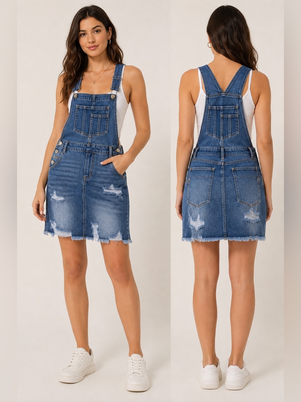 NWT Risen Denim Skirtall Overall Dress Medium Distressed Frayed Hem #1136